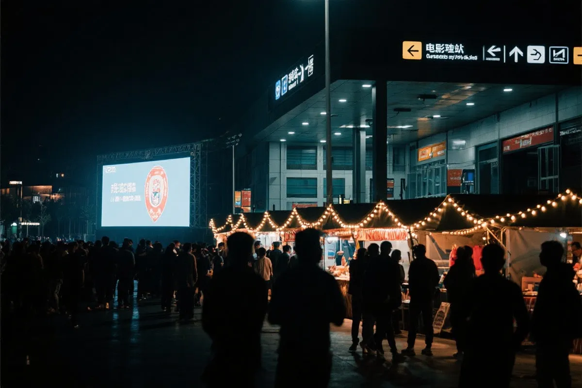 费城球迷广场夜景：大屏观赛人群、步行指示牌与公共交通入口